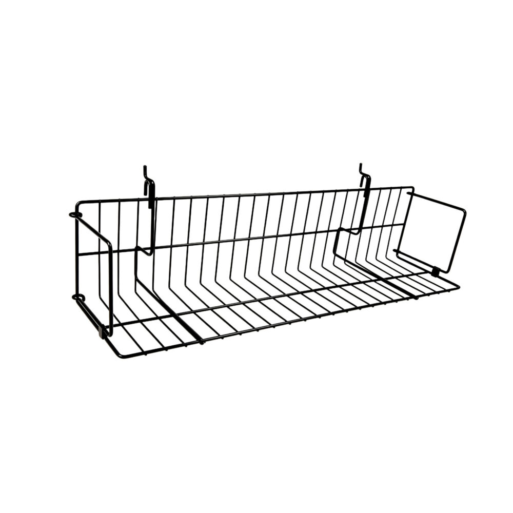 24-inch compact slanted wire display basket shelf in black epoxy finish, isolated on white background.