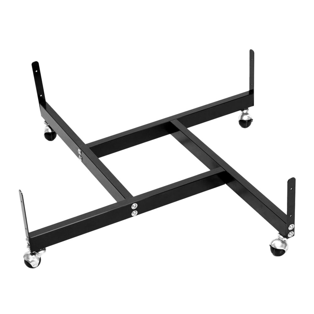 Heavy-duty black metal 4-way base with casters for wire gridwall panel towers, isolated on white background.