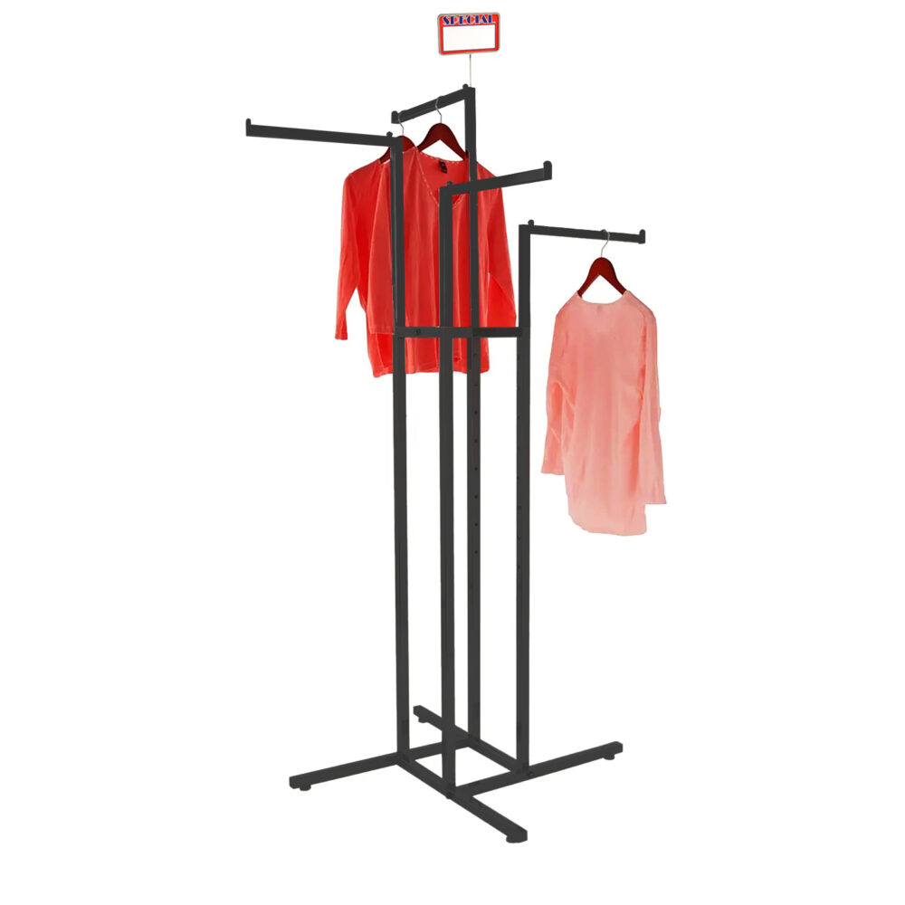 Perspective view of industrial matte black 4-way garment rack with push-button adjustable straight arms.