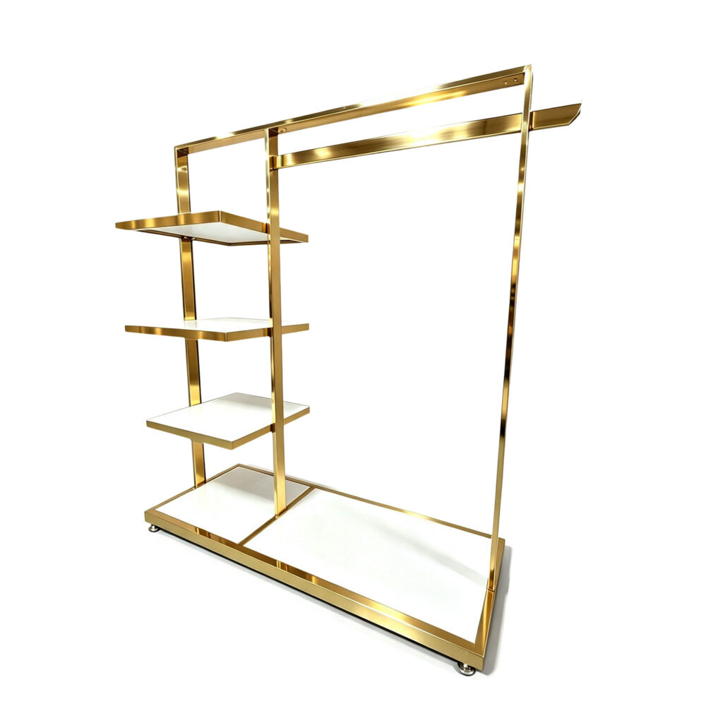 47-inch electroplated gold garment rack with side accessory shelves and base display platform.