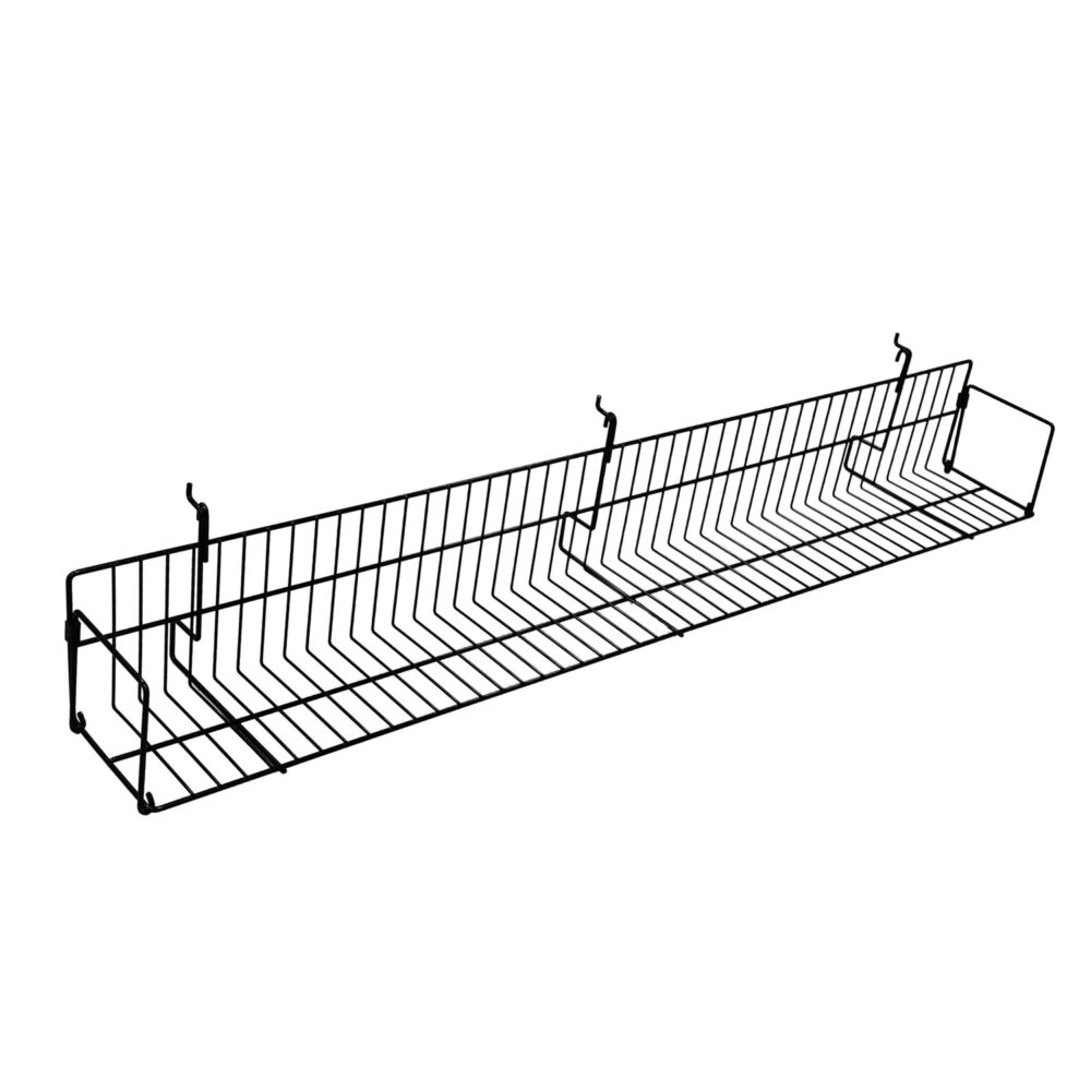48-inch slanted wire display basket shelf in black epoxy finish, isolated on white background.