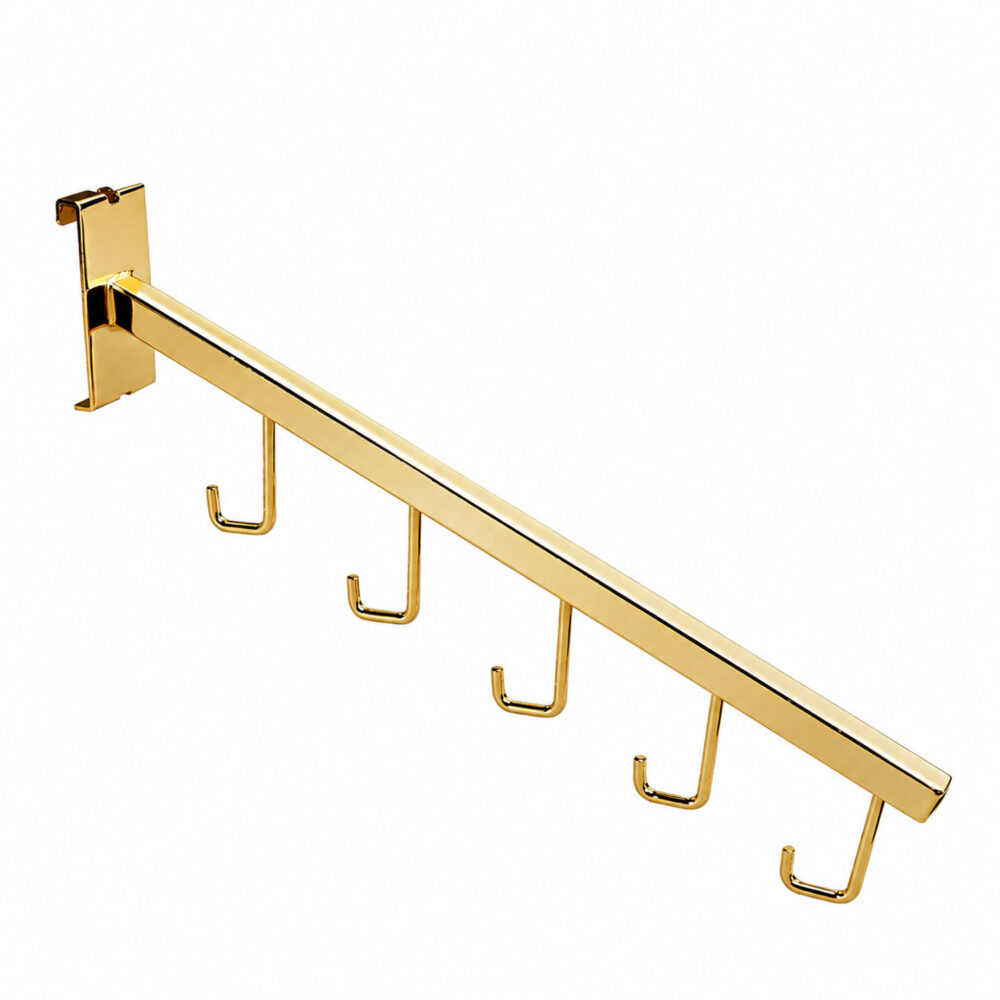 Luxurious electroplated gold 5-hook square tubing waterfall display hook for wire gridwall, isolated on white background.