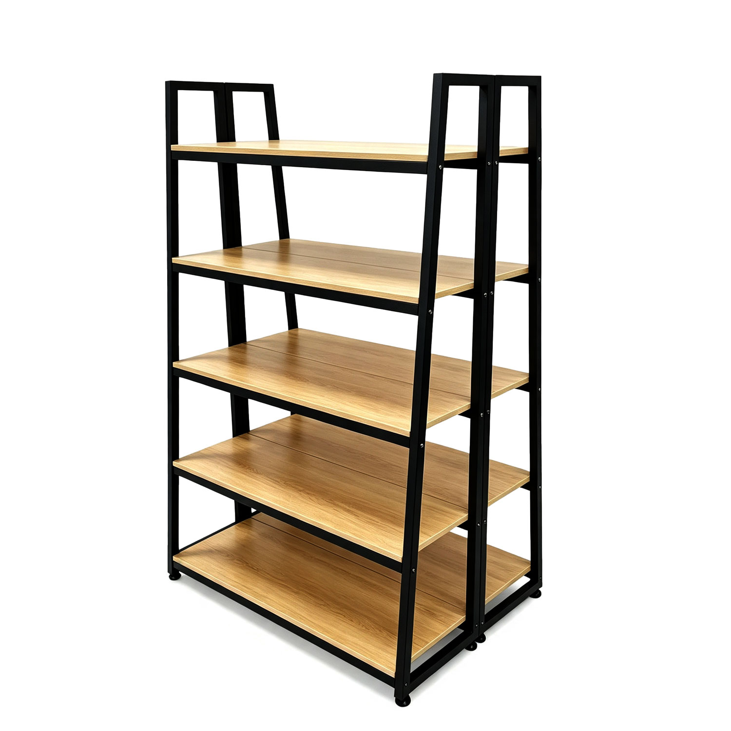 Industrial matte black 5-tier double-sided retail island display shelf with natural wood grain shelves BH-114, isolated on white background.