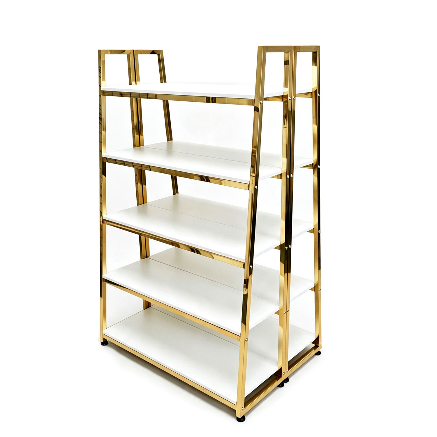 Commercial electroplated gold 5-tier double-sided retail island display shelf with white wooden shelves BH-114, isolated on white background.
