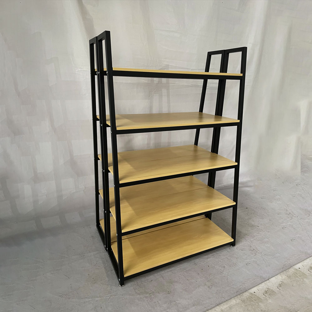 Factory real sample photo of the matte black 5-tier double-sided retail display shelf BH-114 with natural wood grain shelves.