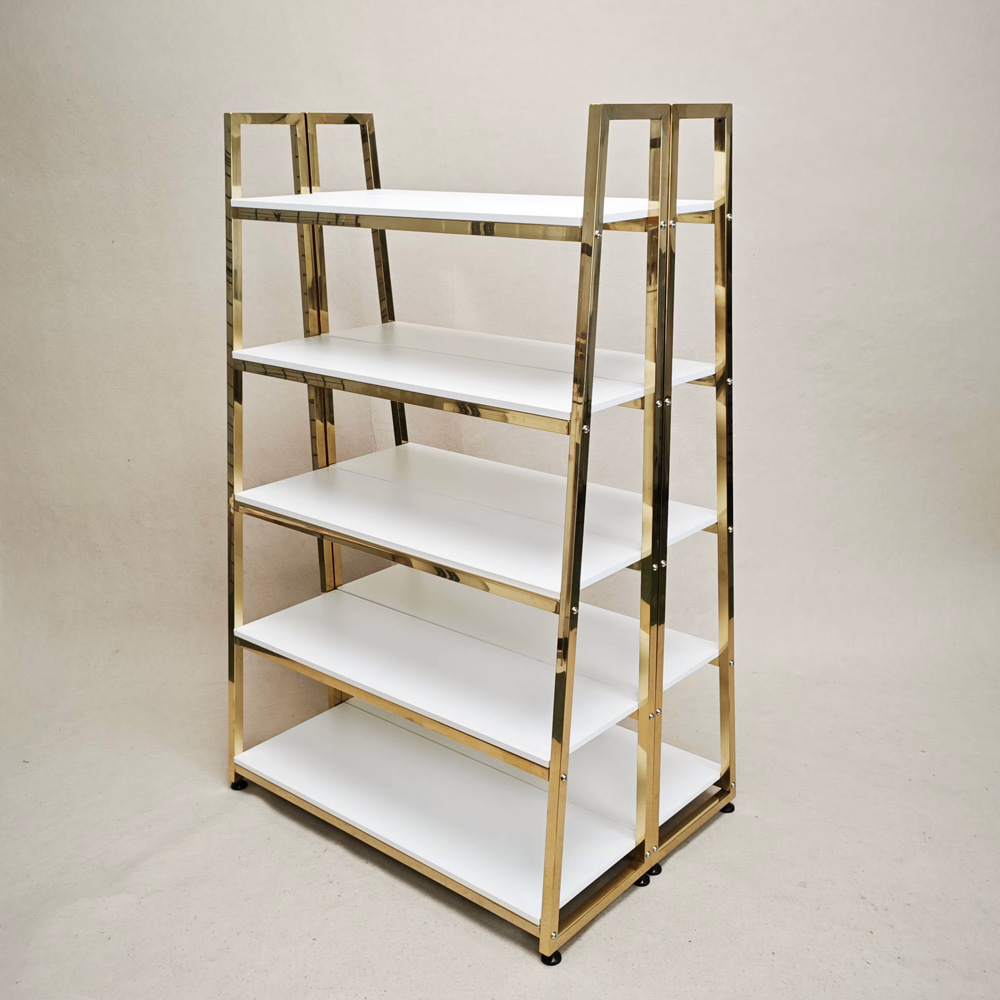 Factory real sample photo of the electroplated gold 5-tier double-sided retail display shelf BH-114 for clothing boutiques.