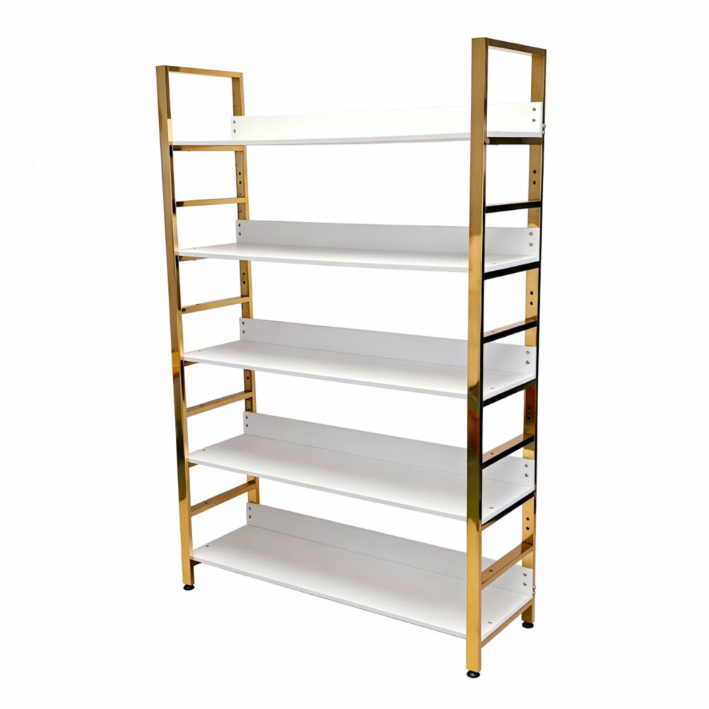 Commercial 5-tier electroplated gold display shelf BH-062G with white wood boards, front view on white background.