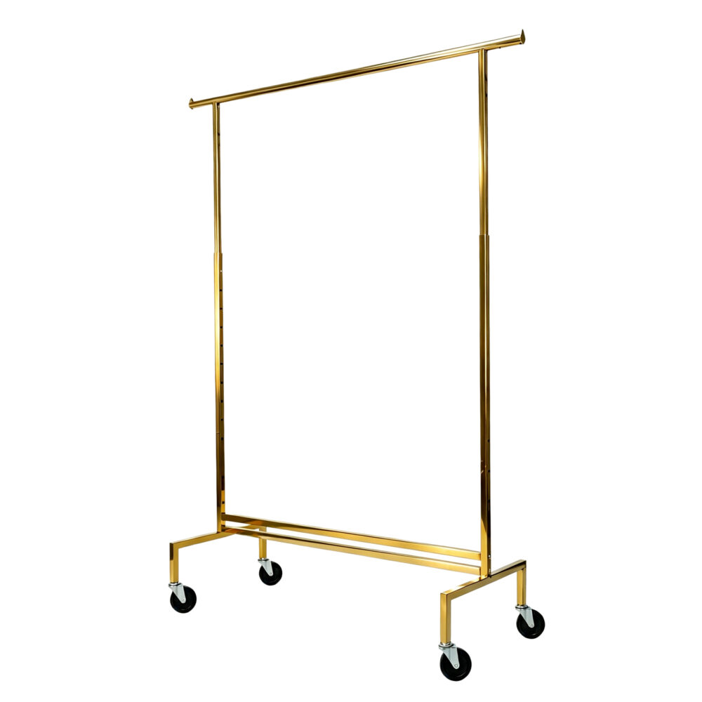 60-inch wide electroplated gold rolling garment rack on wheels, isolated on white background.