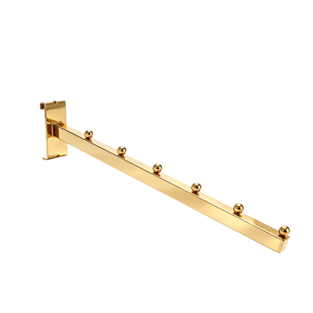 Luxurious electroplated gold 7-ball square tubing waterfall display hook for wire gridwall, isolated on white background.