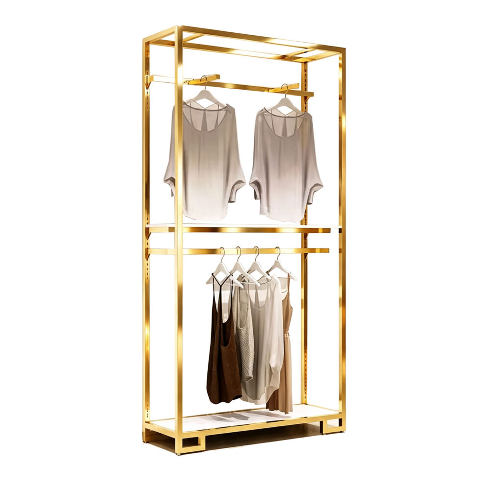 94.5-inch extra tall double-rail titanium gold stainless steel modular garment rack, isolated on white background.