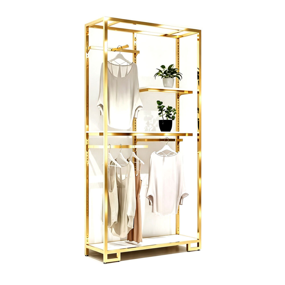 94.5-inch extra tall titanium gold stainless steel modular garment rack with adjustable shelves, isolated on white background.
