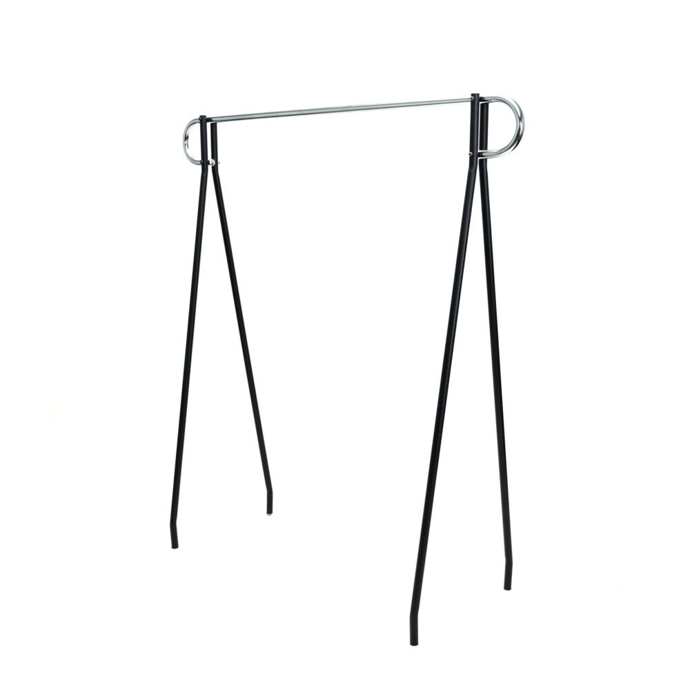 Perspective side angle view of A-frame clothing rack 48 inches high showing loop end hangrail.