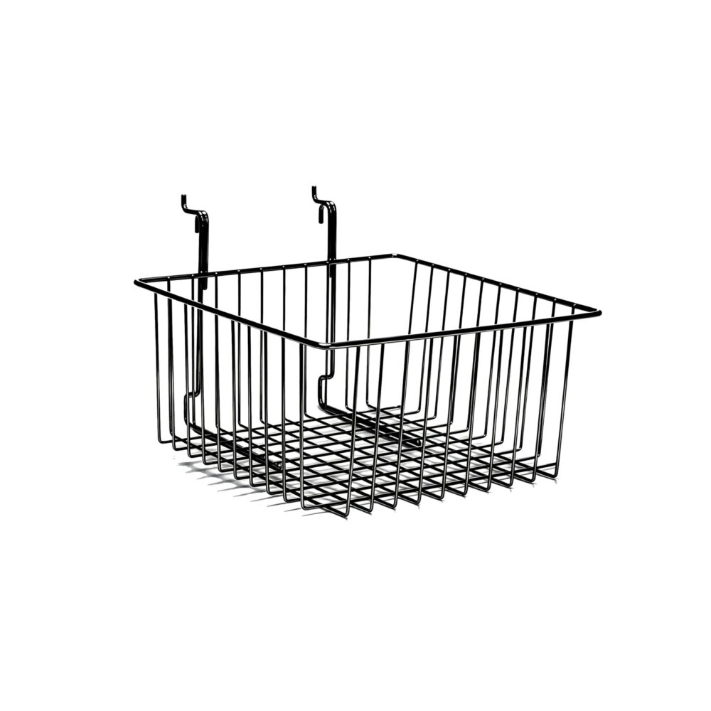 All-purpose shallow wire display basket in black finish, isolated on white background.