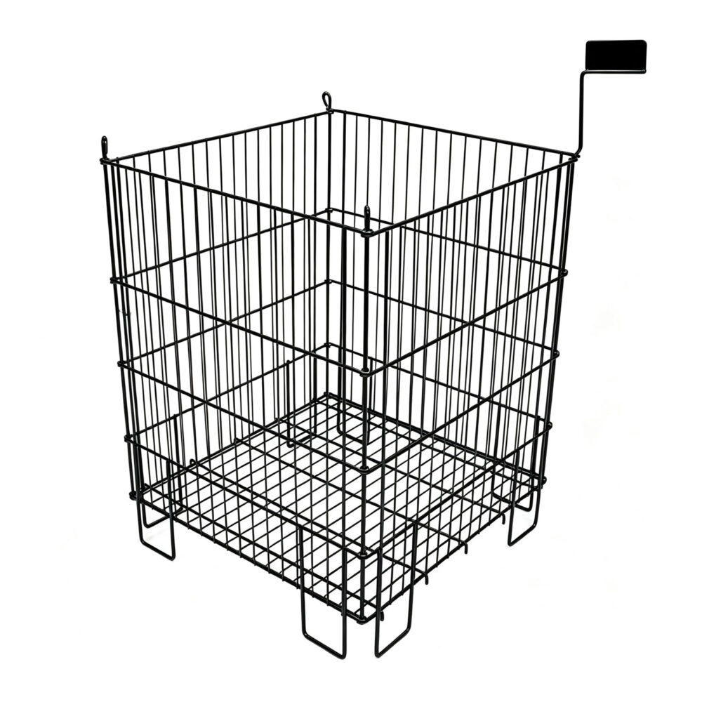 All-purpose floor-standing wire dump bin with sign holder in black finish.