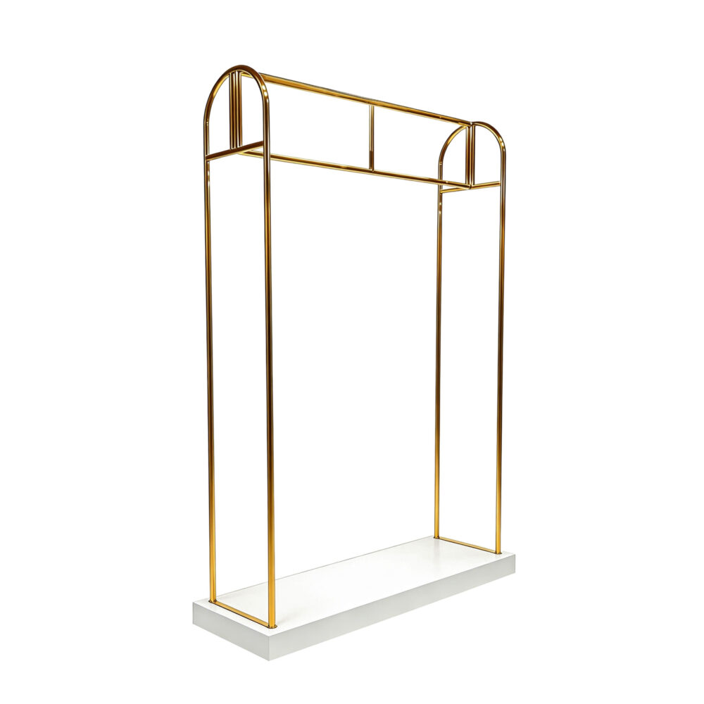 78-inch tall arched titanium gold stainless steel garment rack with elevated platform base, isolated on white background.