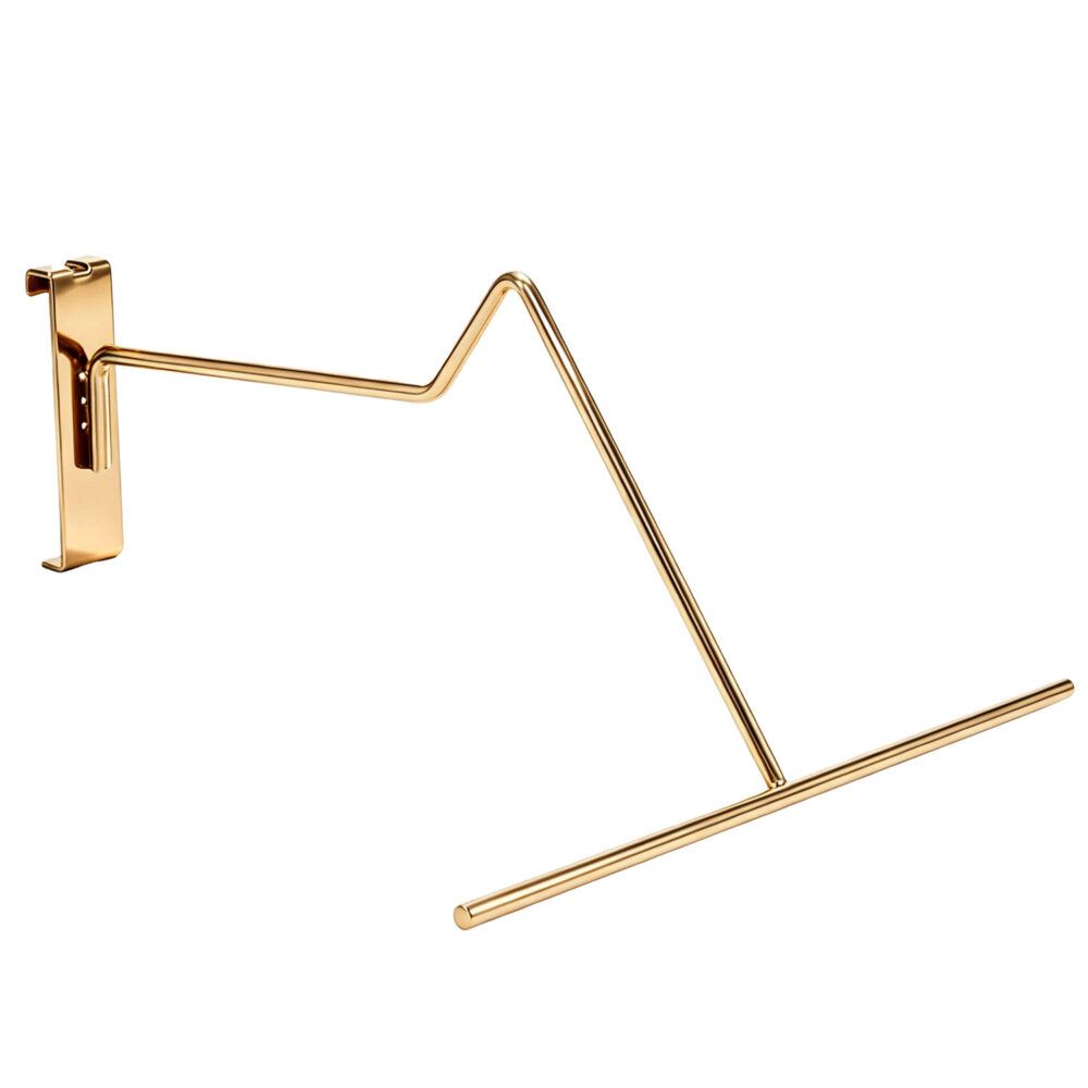 Luxurious electroplated gold wire baseball cap display holder for wire gridwall, isolated on white background.