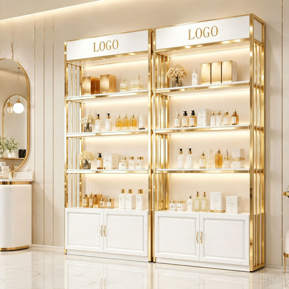 Two 95-inch titanium gold beauty display cabinets installed side-by-side in a modern medical spa.