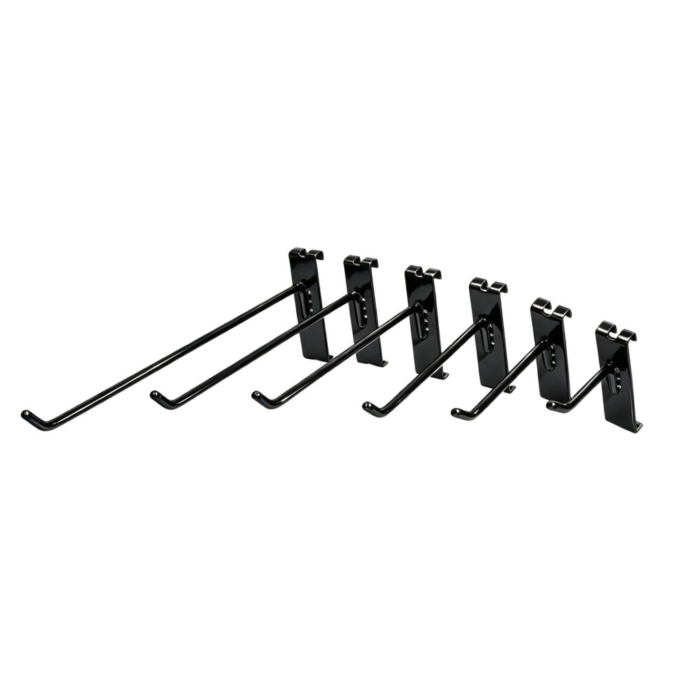 Commercial heavy-duty black gridwall panel display hooks in 2 to 12 inch lengths, isolated on white background.