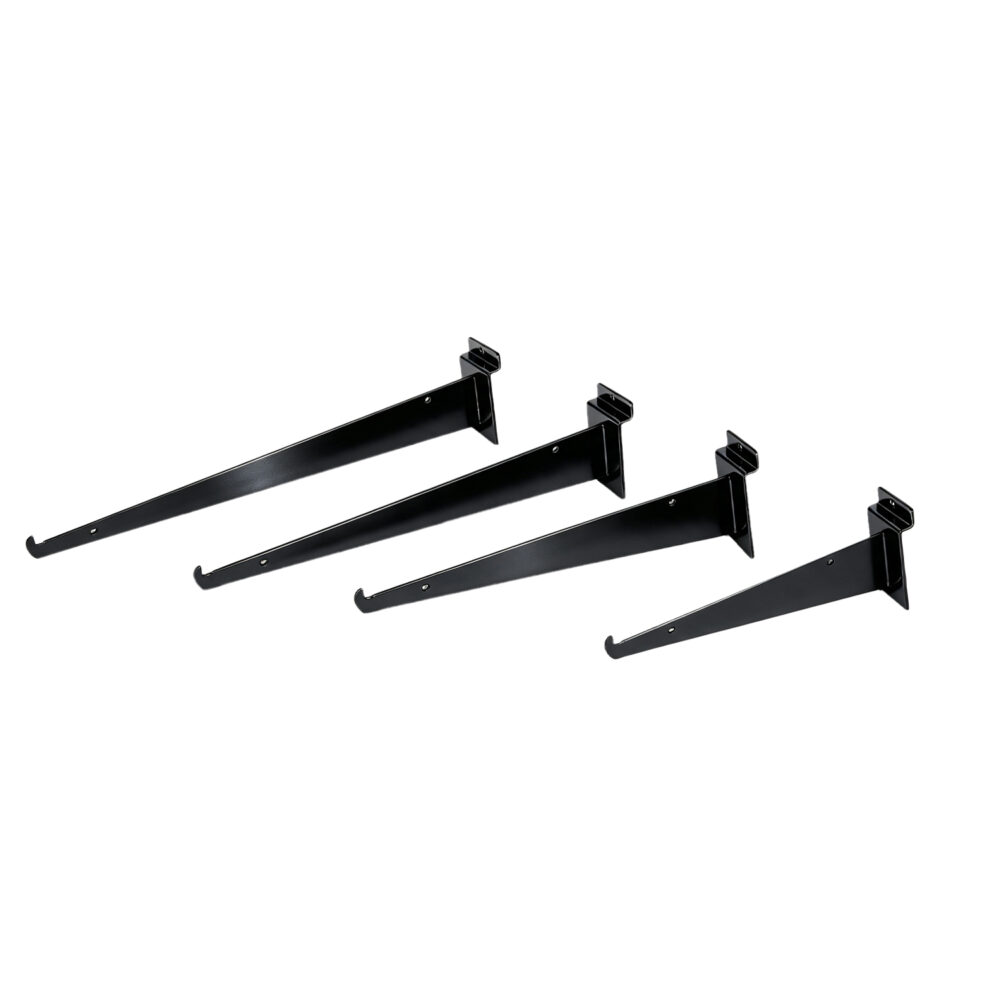 Heavy-duty black metal shelf brackets for wire grid panels shown in 8, 10, 12, and 14 inch sizes together.