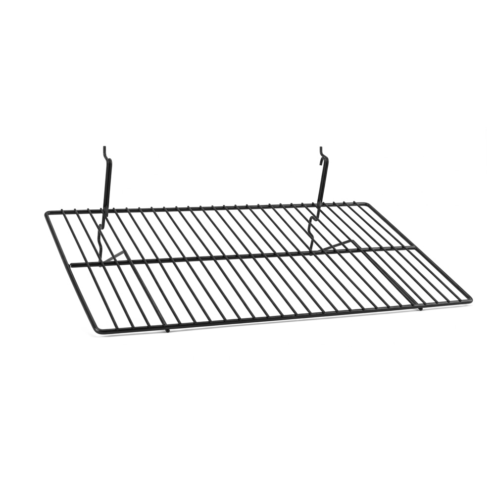 Commercial heavy-duty 24x12 inch black wire straight shelf for gridwall panels, isolated on white background.