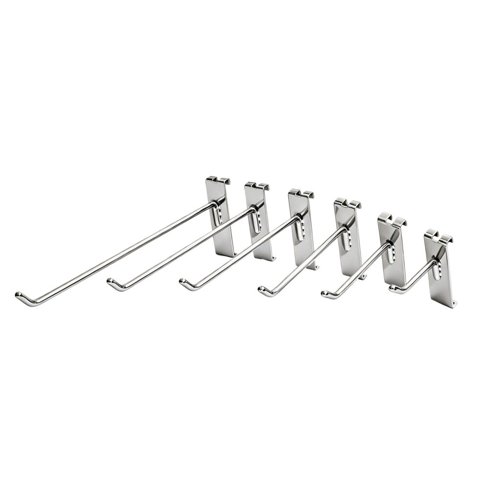 Commercial heavy-duty electroplated chrome gridwall panel display hooks in 2 to 12 inch lengths, isolated on white background.