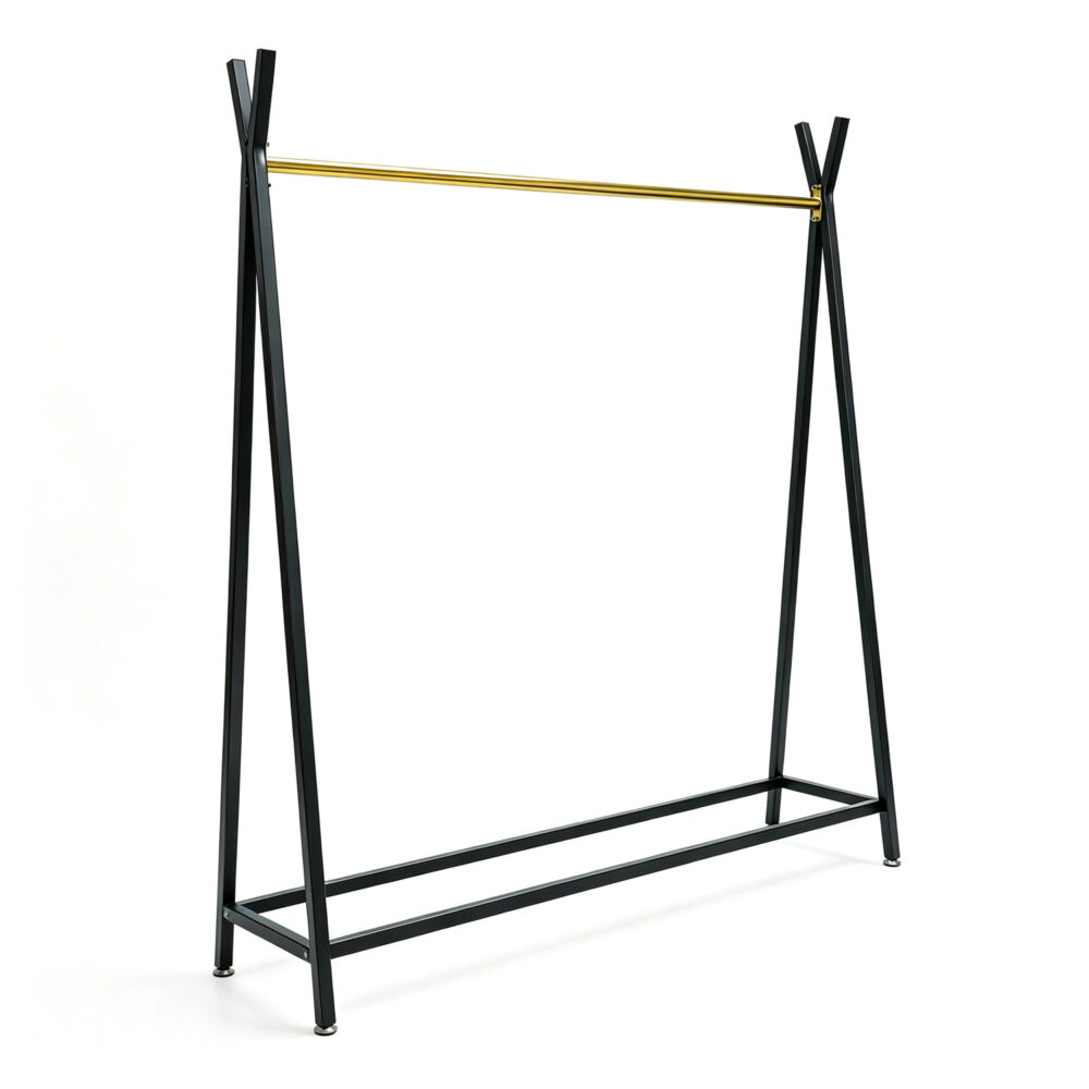Commercial crossed A-frame garment rack BH-003 in matte black frame and gold hangrail, front view on white background.