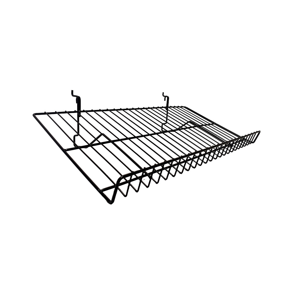 Commercial 24x15 inch deep vertical wire gridwall shelf with front lip BW-010E, isolated on white background.