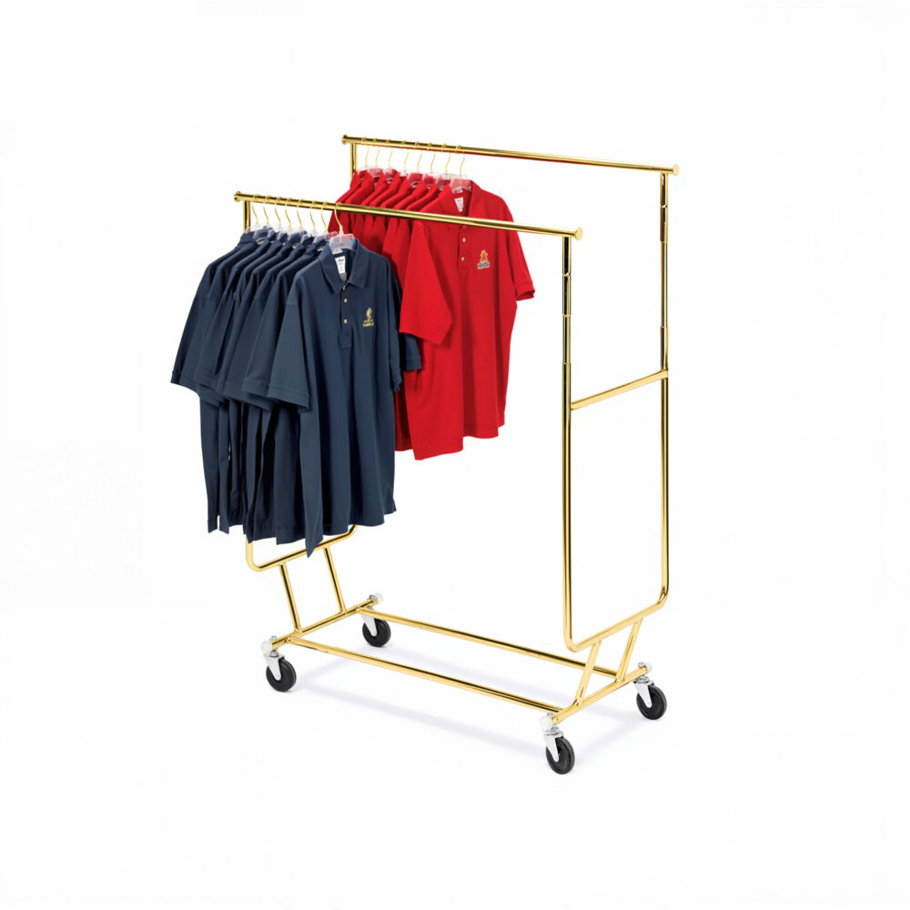 Luxury electroplated gold double bar collapsible garment rack for mobile sales reps and trade shows, isolated on white.