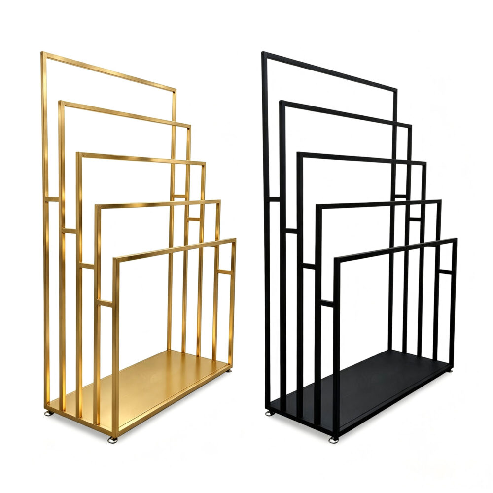 Perspective angle view of 5-tier gold scarf and shawl holder stand SG-0087 showing 20cm tier spacing on white.