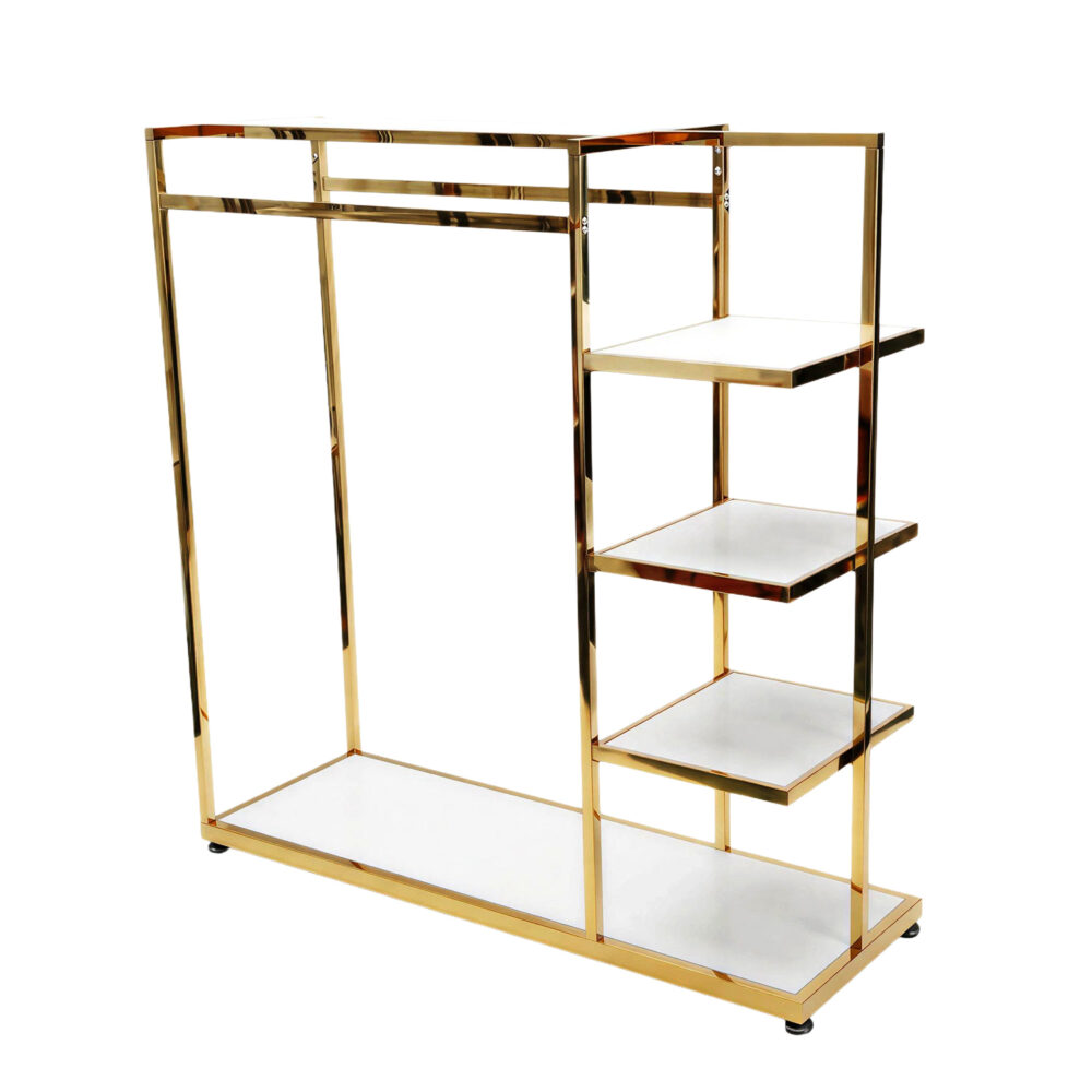 Commercial gold garment rack with 4-tier side shelving tower BH-073G, isolated on white background.