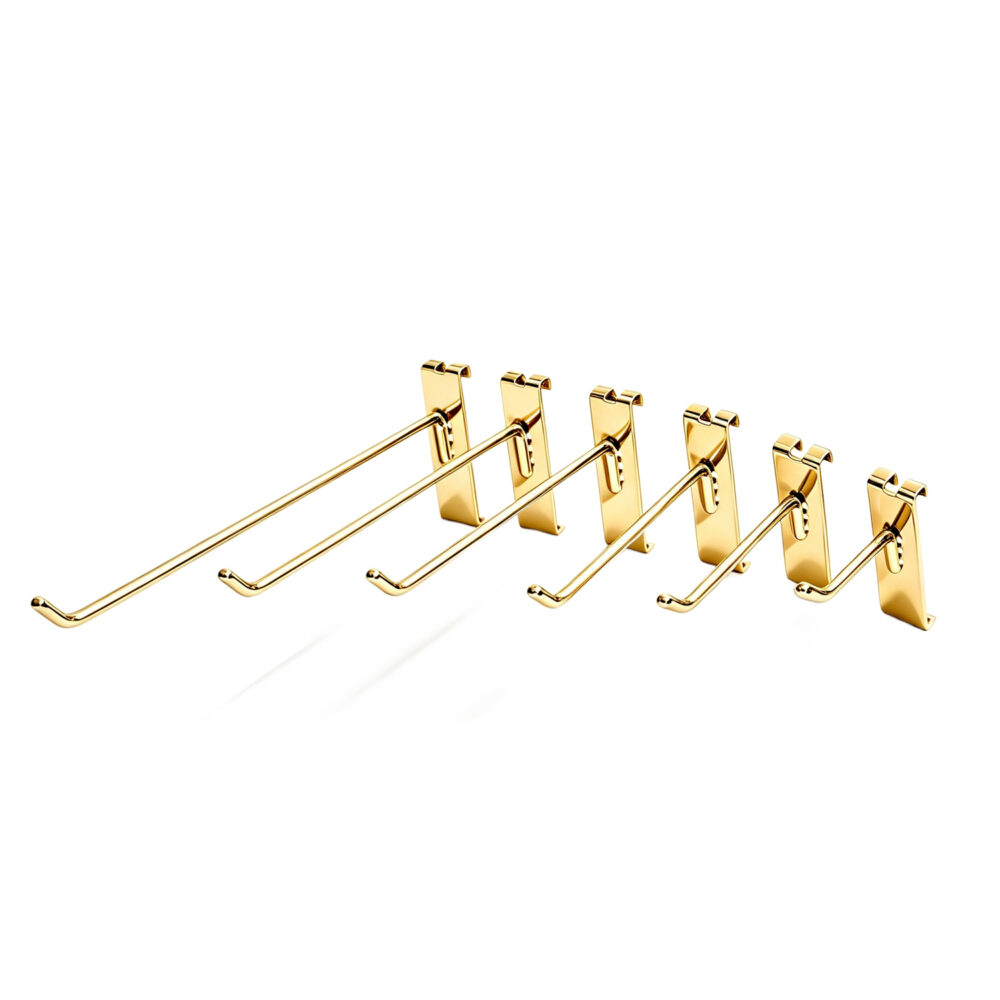Commercial heavy-duty electroplated gold gridwall panel display hooks in 2 to 12 inch lengths, isolated on white background.
