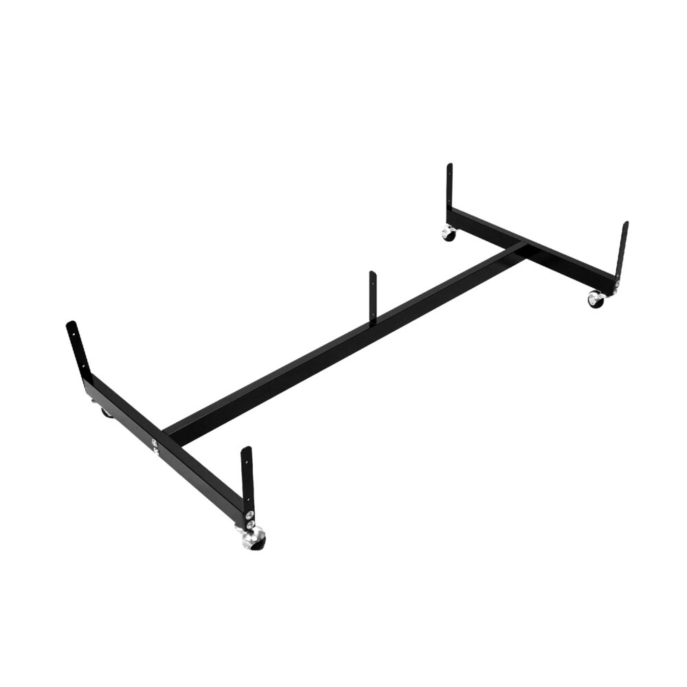 Heavy-duty black metal gondola base for wire gridwall island displays, isolated on white background.