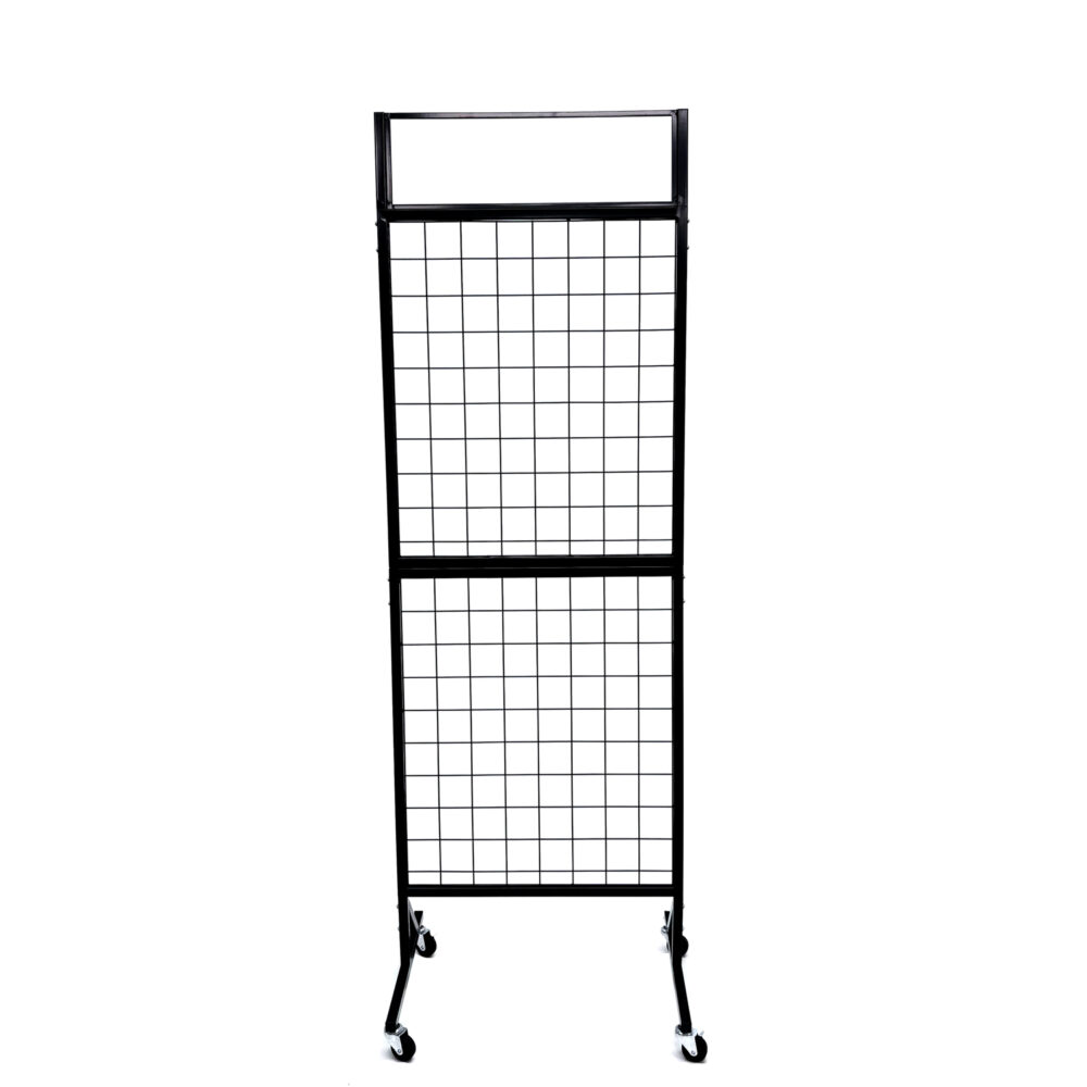Matte black powder-coated wire mesh gridwall panel display stand with T-base BW-013 on white background.