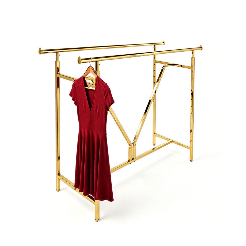 Luxury electroplated gold heavy-duty double rail clothing display rack, isolated front view on white.