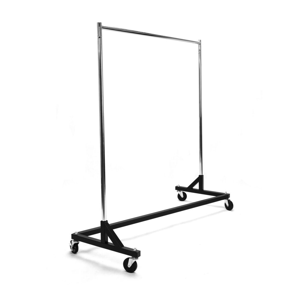 Matte black 5ft commercial garment Z rack for retail store displays and stockrooms, isolated on white background.
