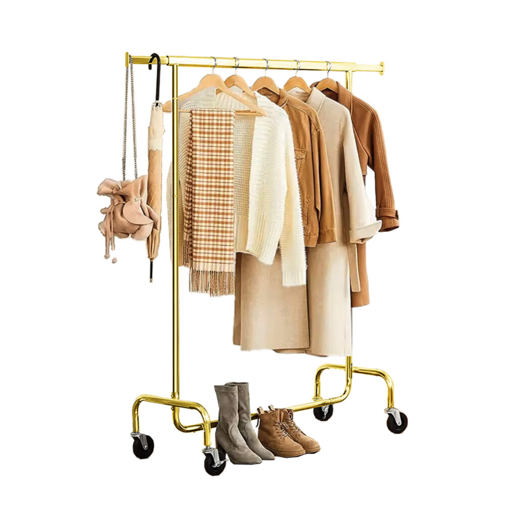 Luxury electroplated gold single bar clothing rack for boutique retail stores, isolated on white.