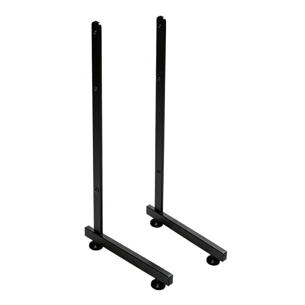 Heavy-duty black metal L-leg base support for wire grid panel freestanding displays, isolated on white background.