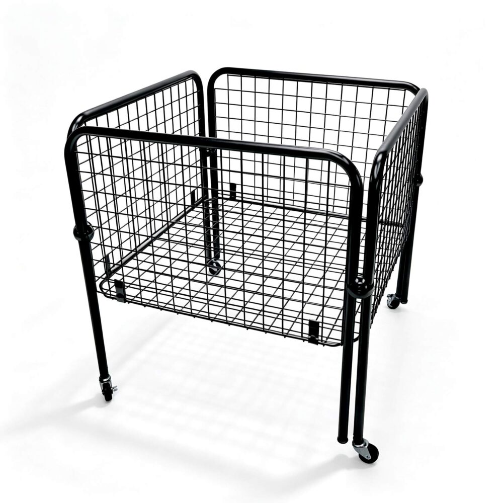 Black powder-coated large mobile wire dump bin with swivel casters.