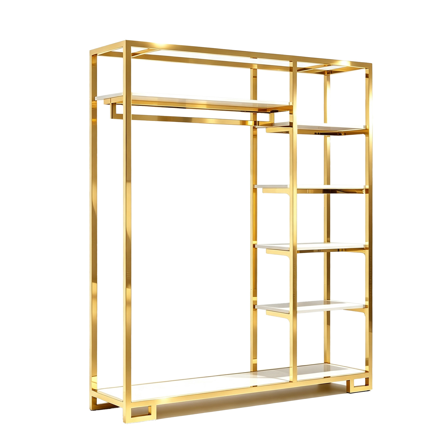 70-inch wide large titanium gold stainless steel garment rack with 5-tier side shelves, isolated on white background.