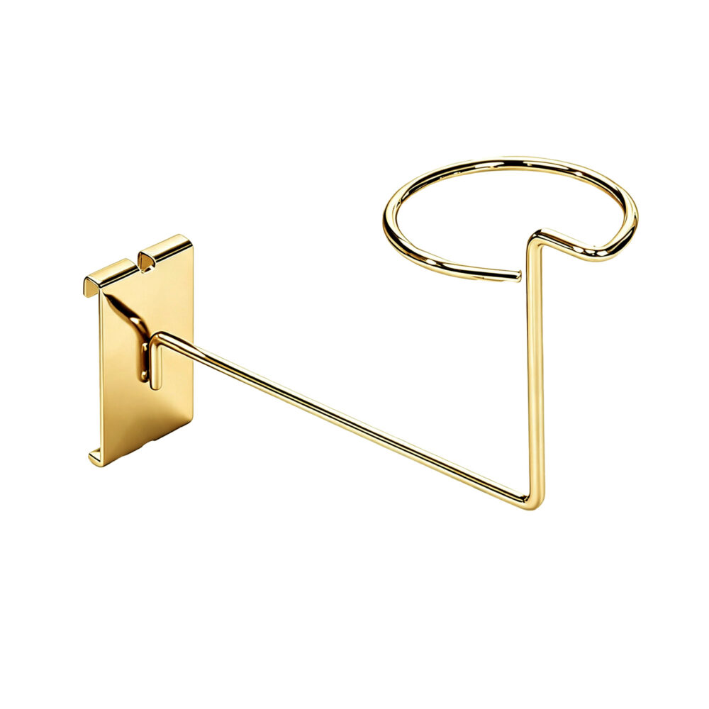 Luxurious electroplated gold wire millinery hat display hook for wire gridwall, isolated on white background.