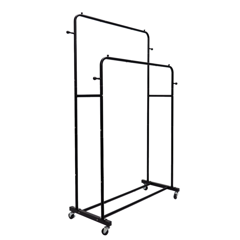 Commercial modern minimalist double-rod garment rack with side hooks in matte black finish, front view on white.
