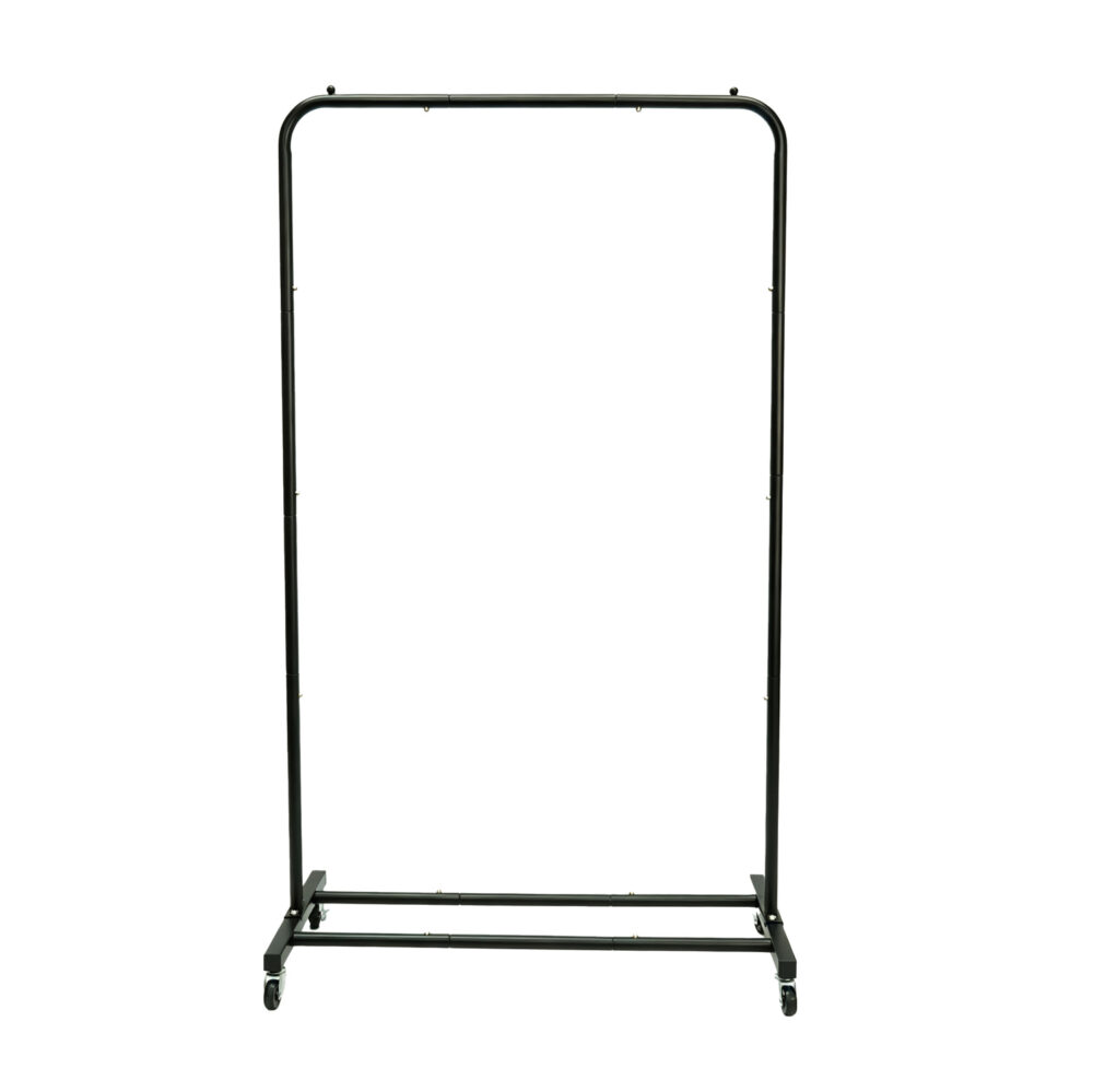 Commercial modern portable single-rod coat stand with wheels in matte black finish, front view on white.
