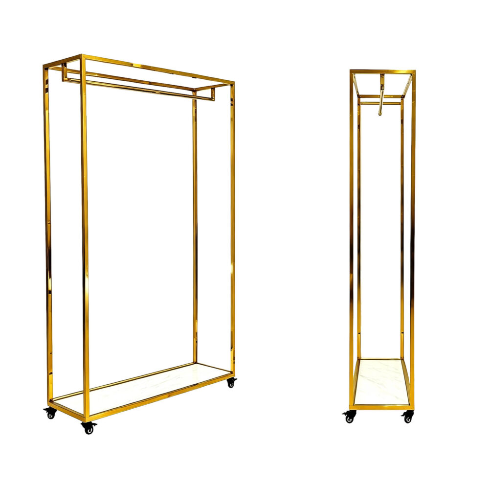 Commercial rolling gold garment rack BH-163 with white marble base and casters, L120xW35xH160cm, front view on white background.