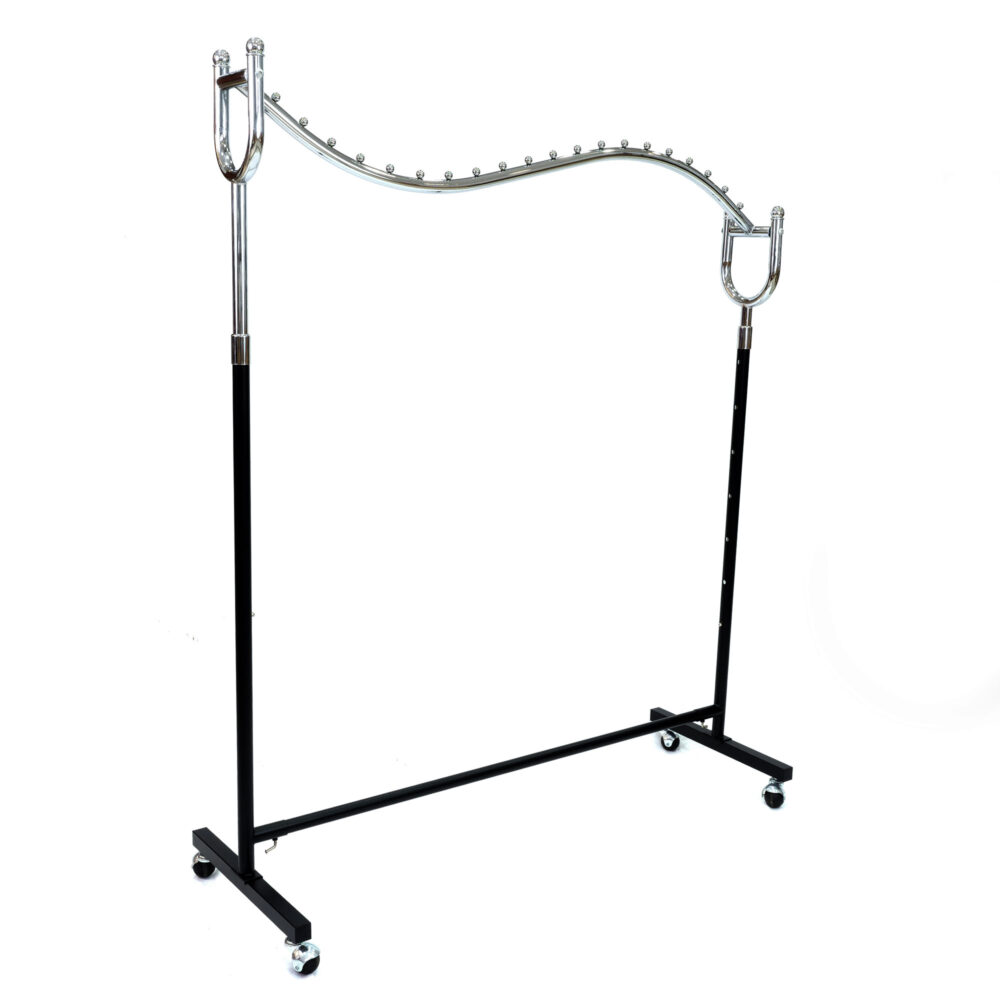 Commercial rolling wave garment rack BH-035 with chrome wave rail and black frame, front view isolated on white.