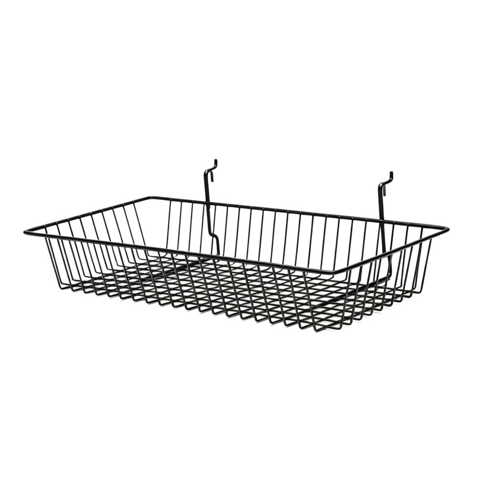 Shallow wire display basket in black epoxy finish, isolated on white background.