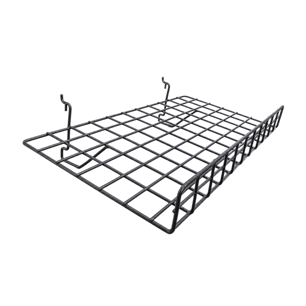 Commercial 24x12 inch black slanted wire gridwall shelf with front lip BW-010C, isolated on white background.