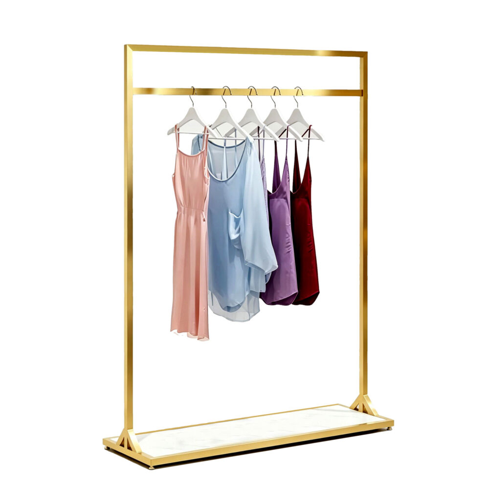 70-inch tall slim titanium gold stainless steel garment rack with single hanging rail, isolated on white background.