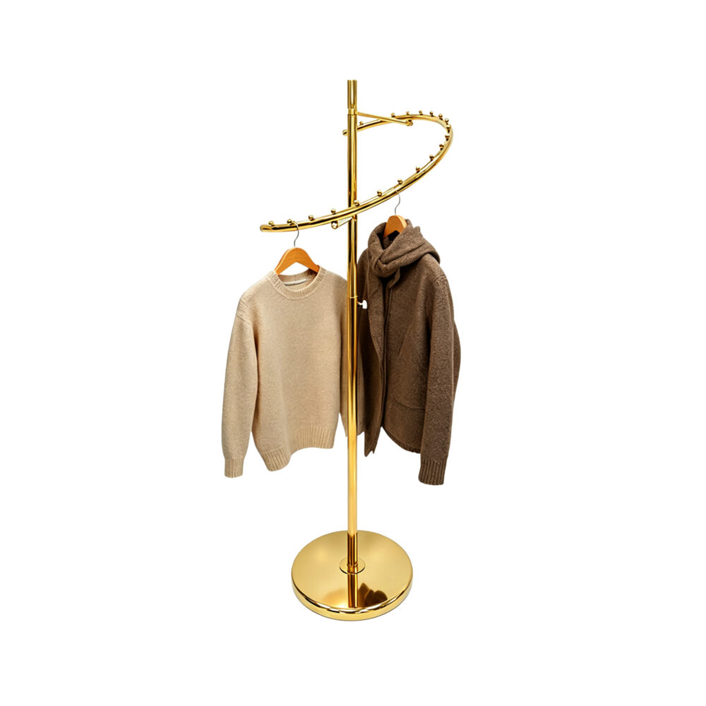 Commercial 20-ball spiral garment rack in electroplated gold finish, front view on white background.