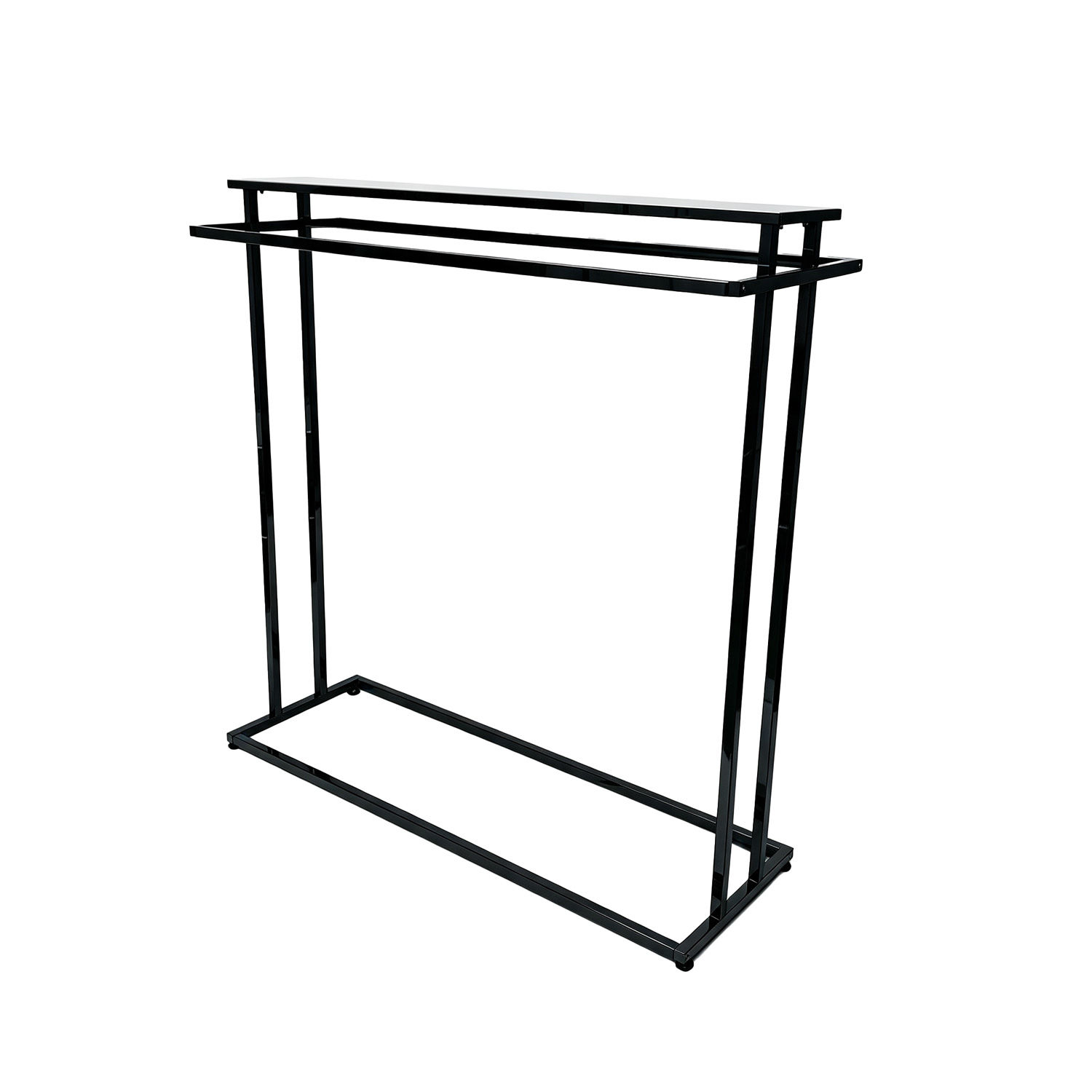 Commercial supermarket garment display rack BH-005 in matte black finish, W150xD50xH130cm, front view isolated on white.