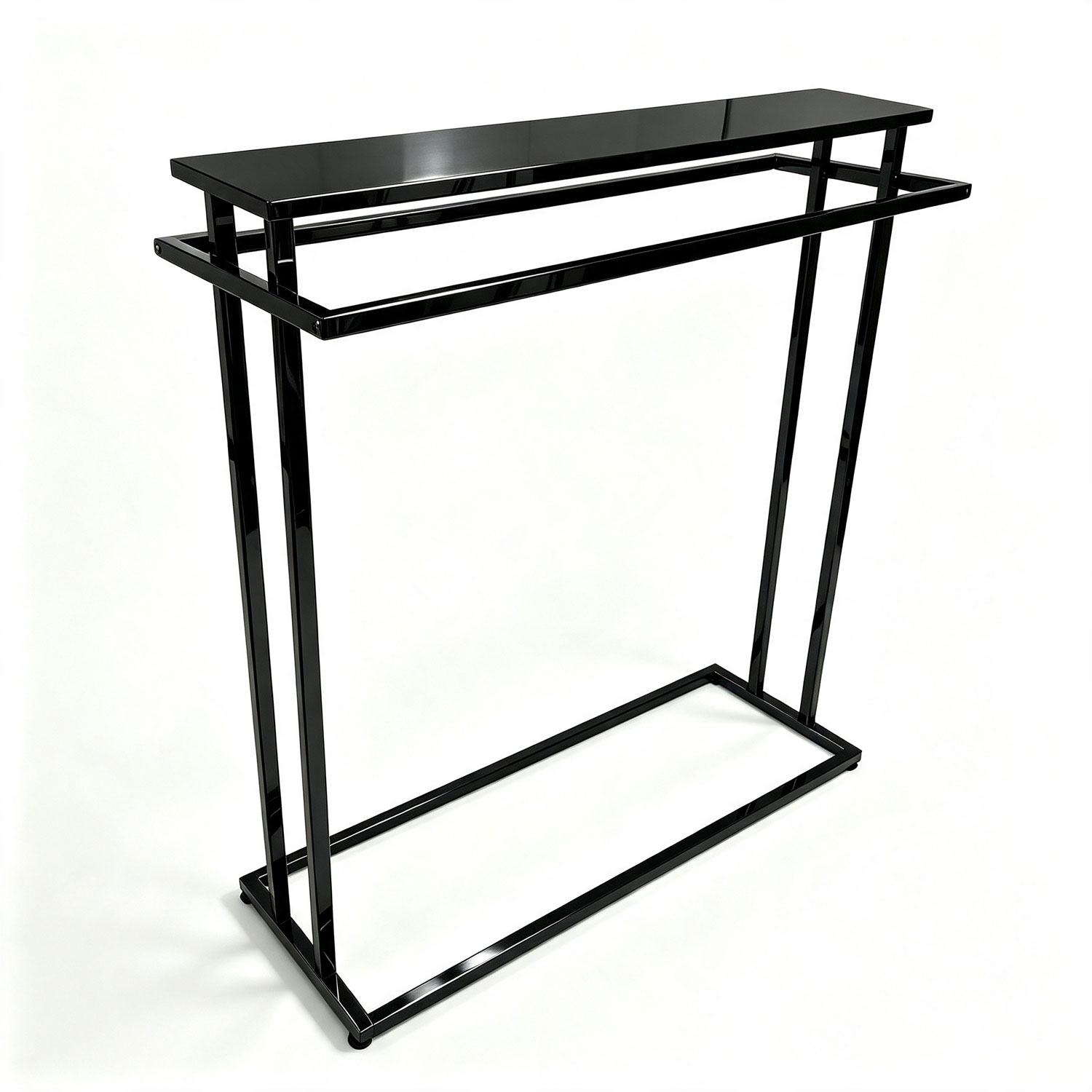 Perspective side angle view of matte black supermarket clothing display rack BH-005 showing wide 50cm anti-tip base.